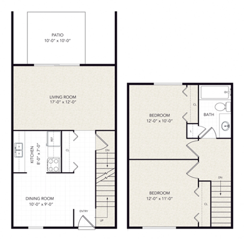 Floor plan for 2 beds, 1 bath, 850 sqft